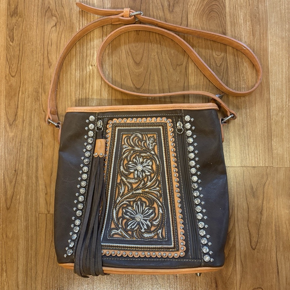 Montana West Floral Tooled Crossbody Western Crystal Rhinestone Silver Studs